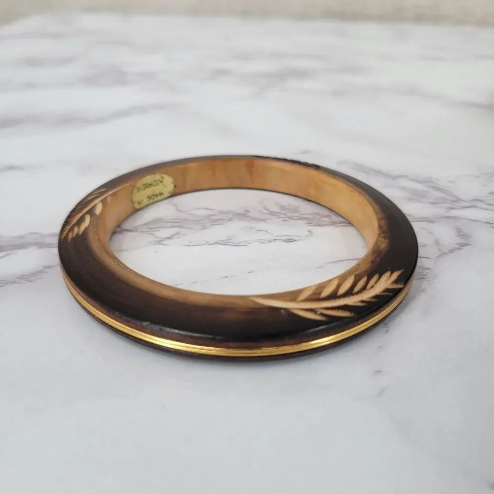 Wood Bangle Bracelet with Leaf Carving and Gold Toned Wire Wrapped Band